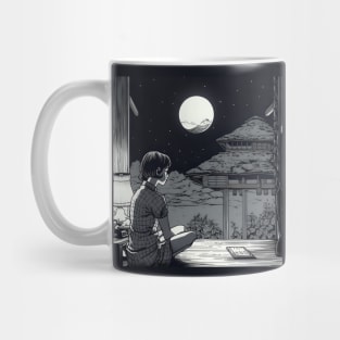 Lonely woman looking at moon on balcony Mug